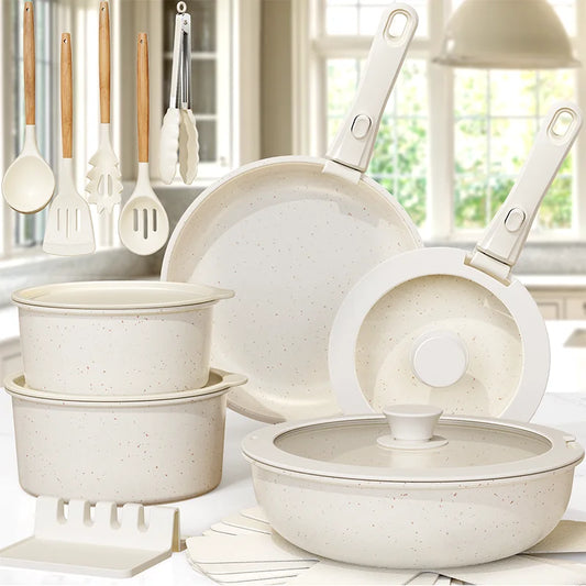21-Piece Non-Stick Ceramic Cookware Set – Astercook Milky White Pots & Pans with Sensor Handles | Complete Kitchen Cookware Collection