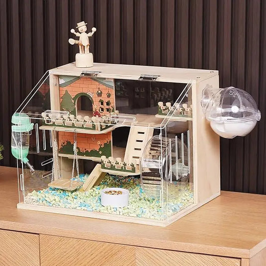 11-in-1 Wooden Hamster Cage with Accessories – 3-Layer 15.8" Acrylic Habitat for Small Pets – Pastoral Style Enclosure with Stairs, Fences, Swing & More