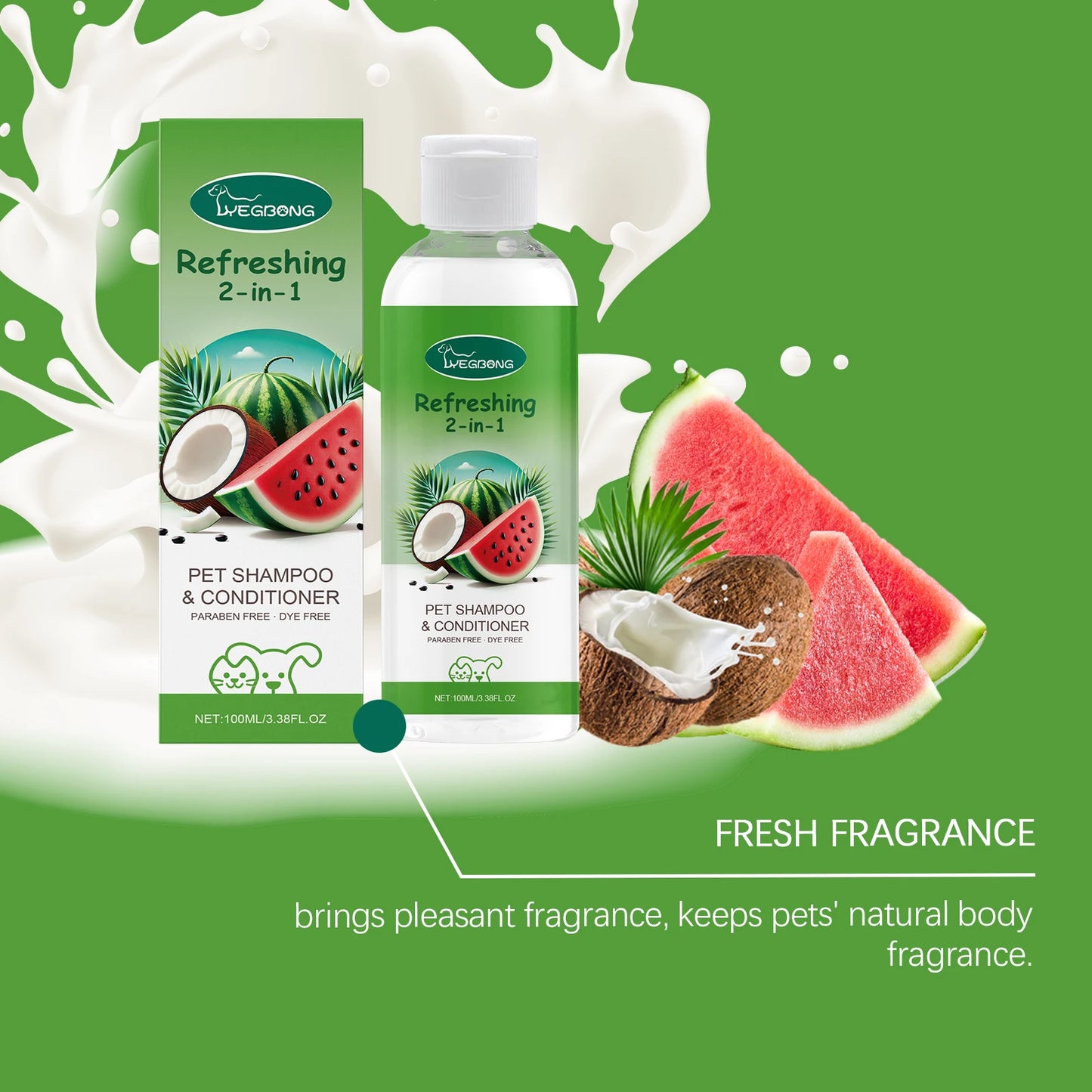 Yegbong 2-in-1 Pet Shampoo & Conditioner – Refreshing Watermelon Scent, 100ml | Smooth Fur, Relieve Itching & Clean Skin