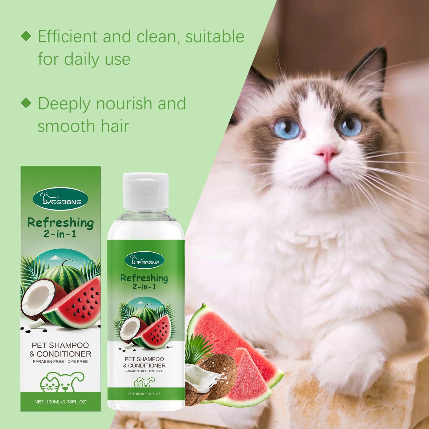 Yegbong 2-in-1 Pet Shampoo & Conditioner – Refreshing Watermelon Scent, 100ml | Smooth Fur, Relieve Itching & Clean Skin