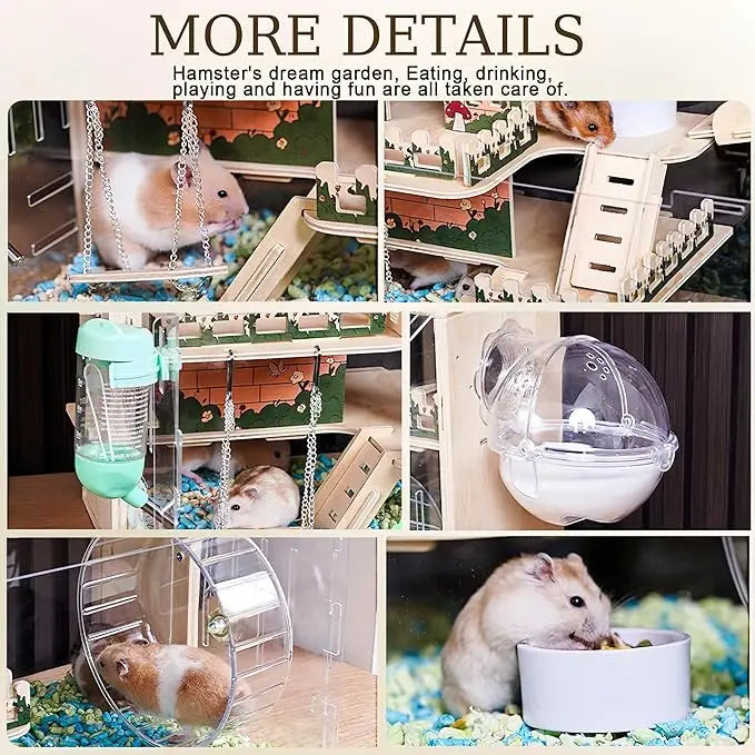 11-in-1 Wooden Hamster Cage with Accessories – 3-Layer 15.8" Acrylic Habitat for Small Pets – Pastoral Style Enclosure with Stairs, Fences, Swing & More