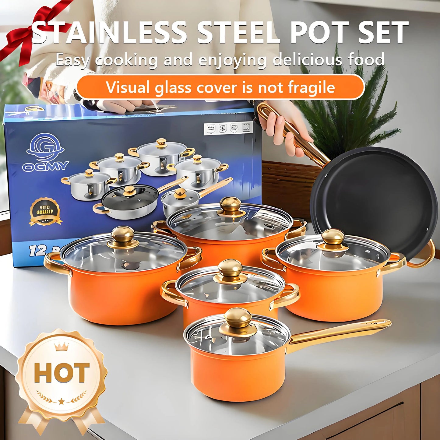12-Piece Red Stainless Steel Cookware Set – Non-Stick Pots & Pans Collection | Complete Kitchen Cookware Solution