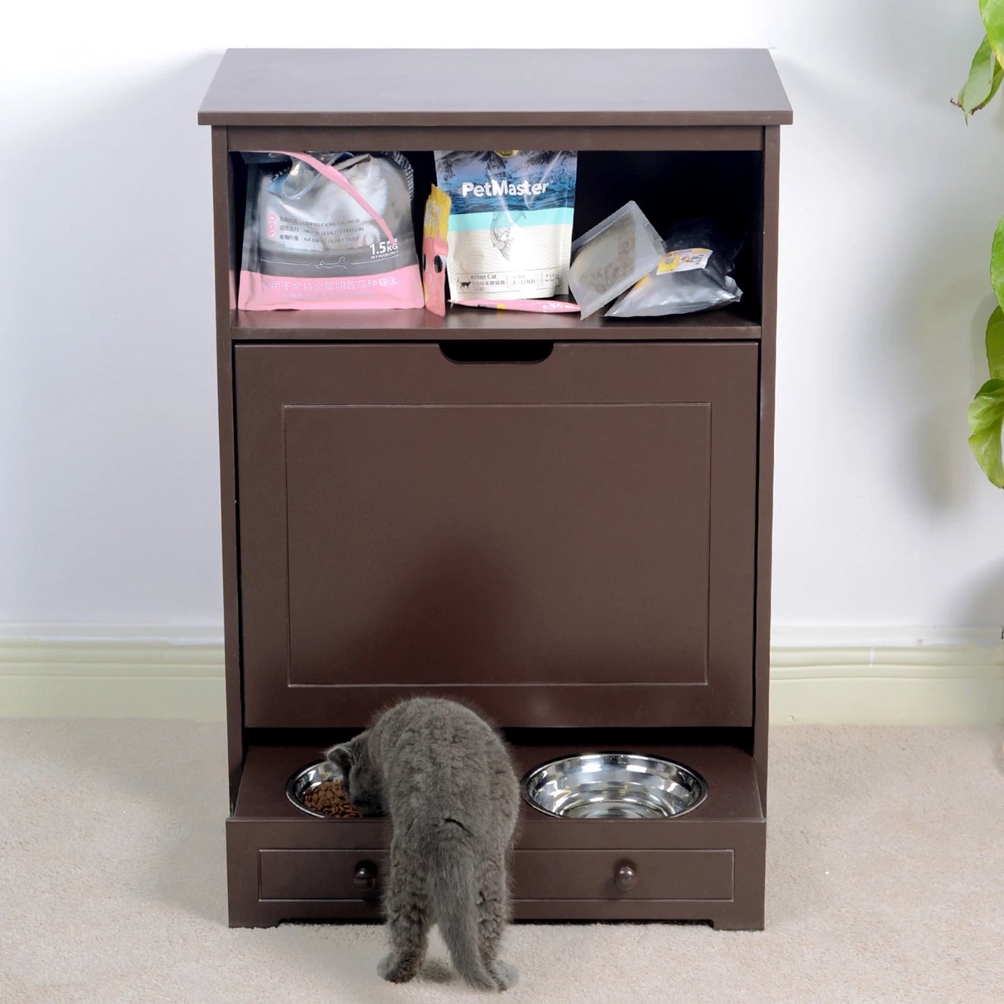 Pet Feeder Station with Storage Cabinet – Waterproof MDF Wood Dog & Cat Feeder with Stainless Steel Bowls