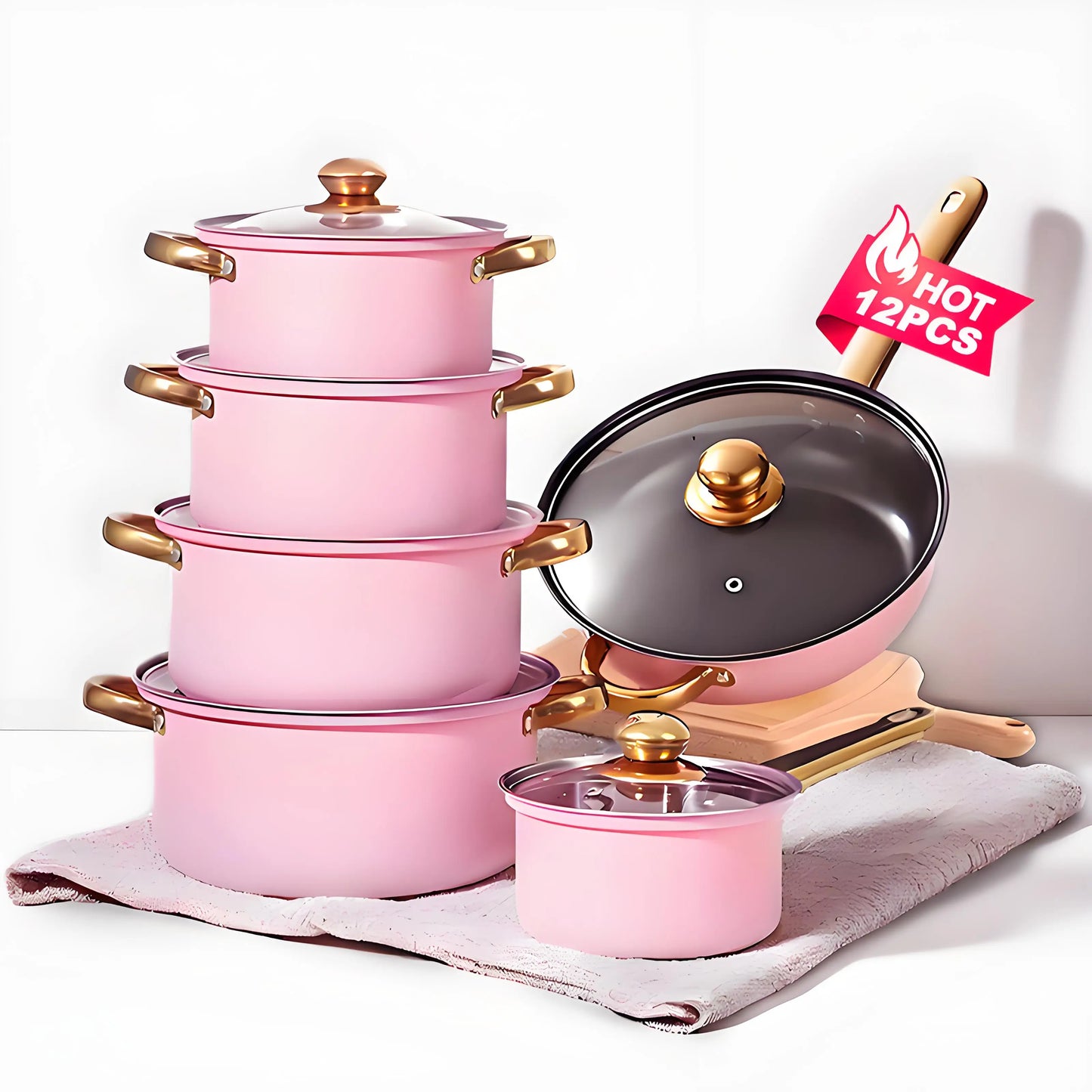 12-Piece Red Stainless Steel Cookware Set – Non-Stick Pots & Pans Collection | Complete Kitchen Cookware Solution
