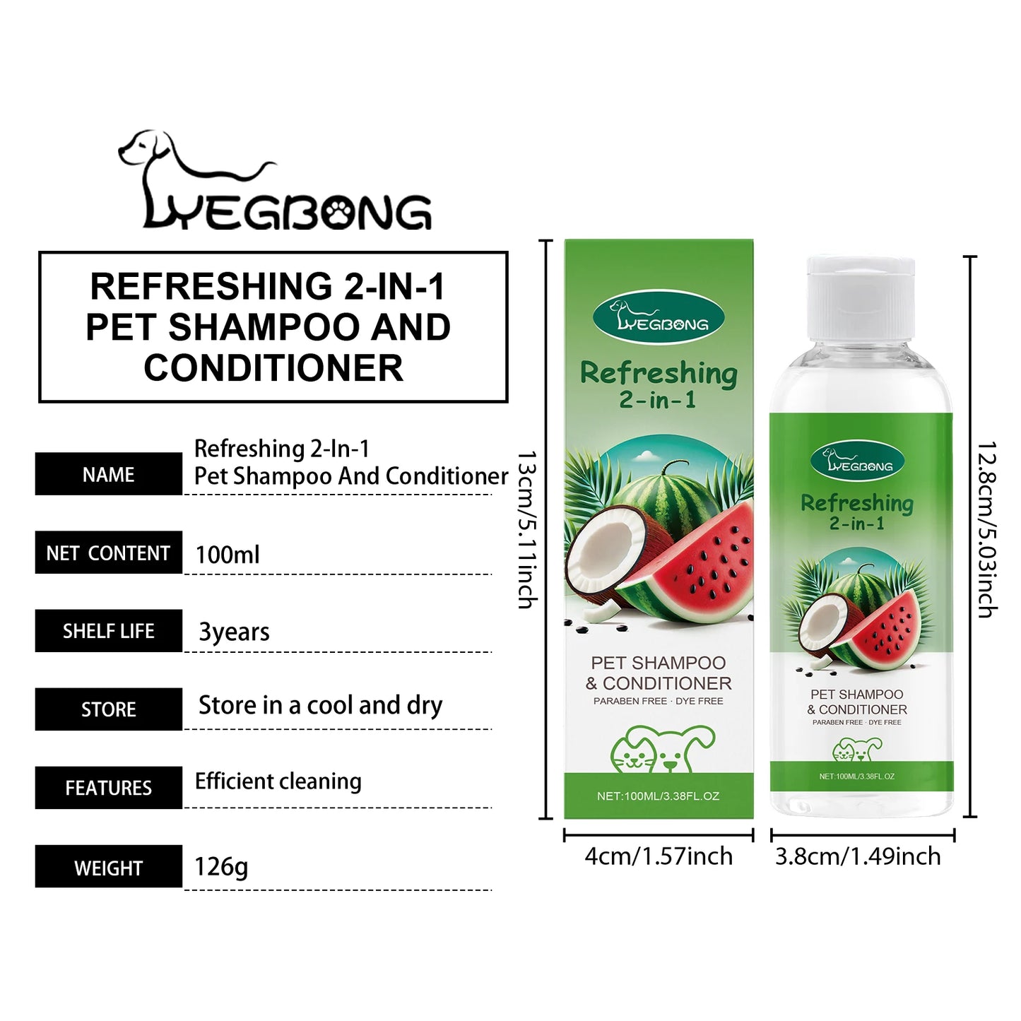 Yegbong 2-in-1 Pet Shampoo & Conditioner – Refreshing Watermelon Scent, 100ml | Smooth Fur, Relieve Itching & Clean Skin
