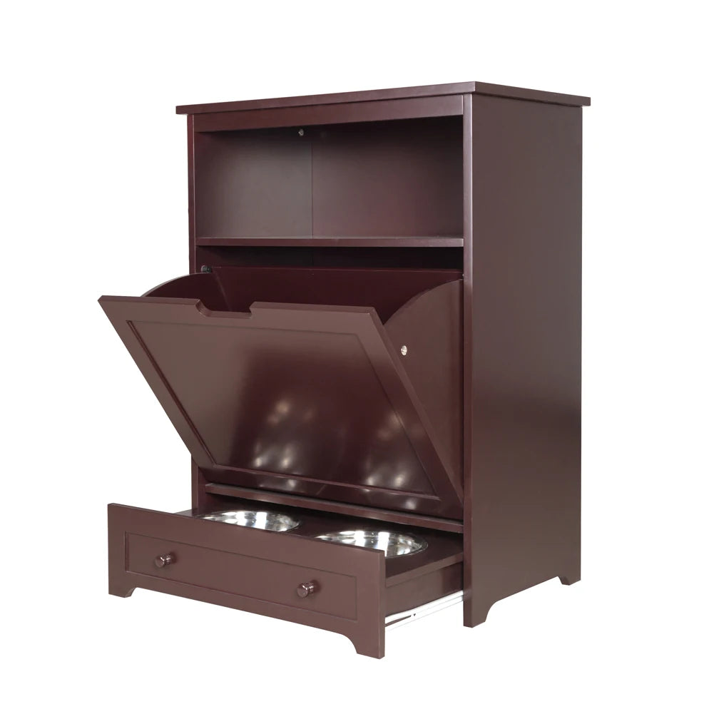 Pet Feeder Station with Storage Cabinet – Waterproof MDF Wood Dog & Cat Feeder with Stainless Steel Bowls