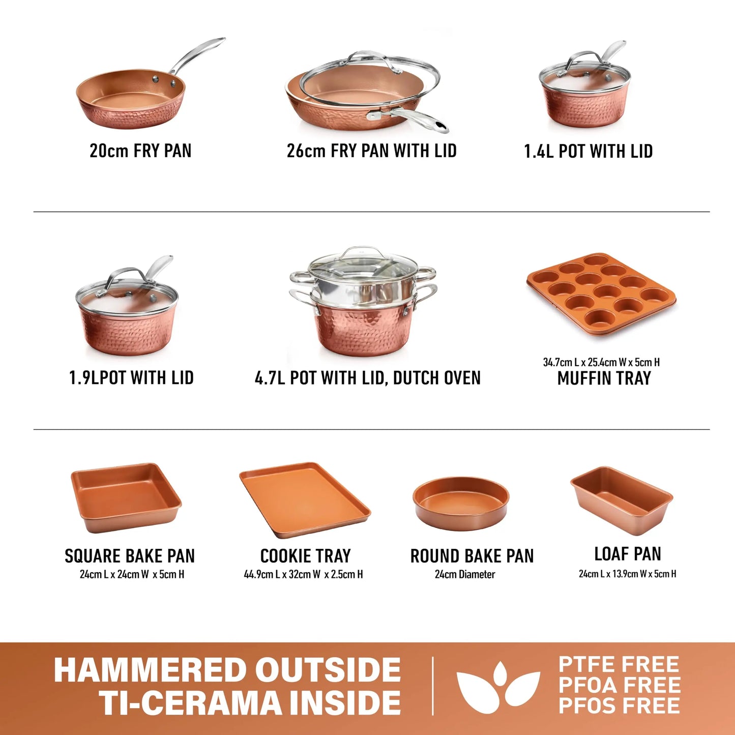 15-Piece Ceramic Nonstick Cookware Set – Deep Copper Pots & Pans with Bakeware and Fry Pan, PFOA & PFOS-Free, Non-Toxic Kitchen Cooking Set