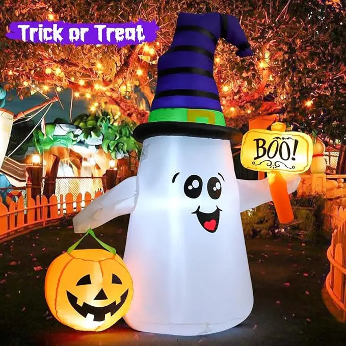 GOOSH 5FT Halloween Inflatable Ghost – Outdoor Blow Up Yard Decoration with Pumpkin, Cute Wizard Design, and Built-In LED Lights