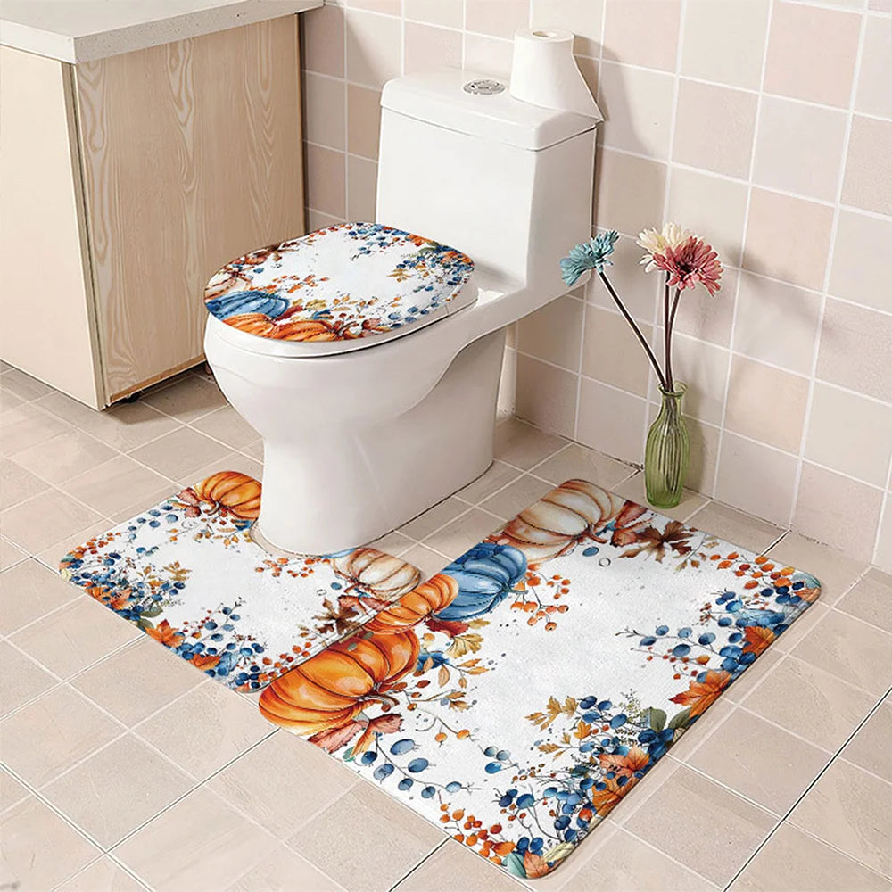 Thanksgiving Shower Curtain Set – 4-Piece Autumn Bathroom Decor with Hooks, Rugs & Mats
