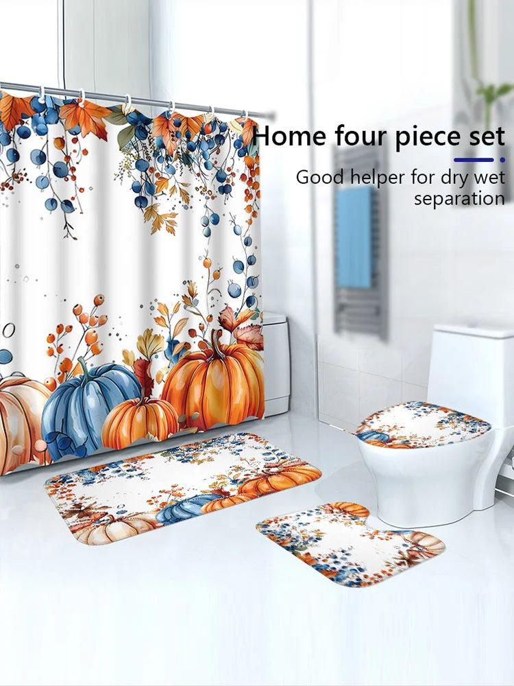 Thanksgiving Shower Curtain Set – 4-Piece Autumn Bathroom Decor with Hooks, Rugs & Mats