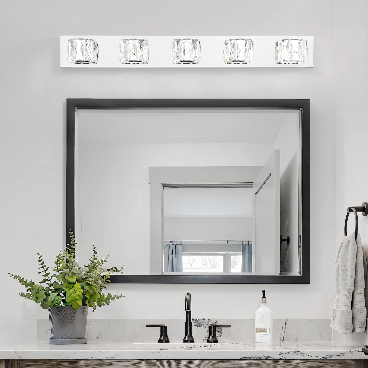 35" Modern Crystal 5-Light LED Wall Sconce – Elegant Chrome Bathroom Vanity Light with Clear Crystal Shades for Bathroom & Bedroom