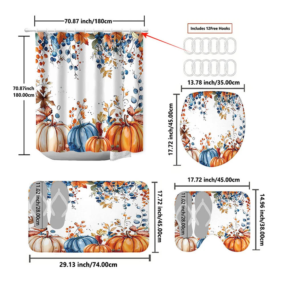 Thanksgiving Shower Curtain Set – 4-Piece Autumn Bathroom Decor with Hooks, Rugs & Mats