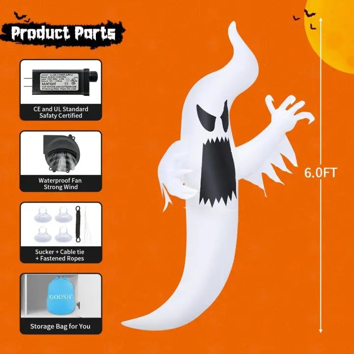 Goosh 6FT Spooky Blue Ghost Halloween Inflatable – LED Lighted Window Decor