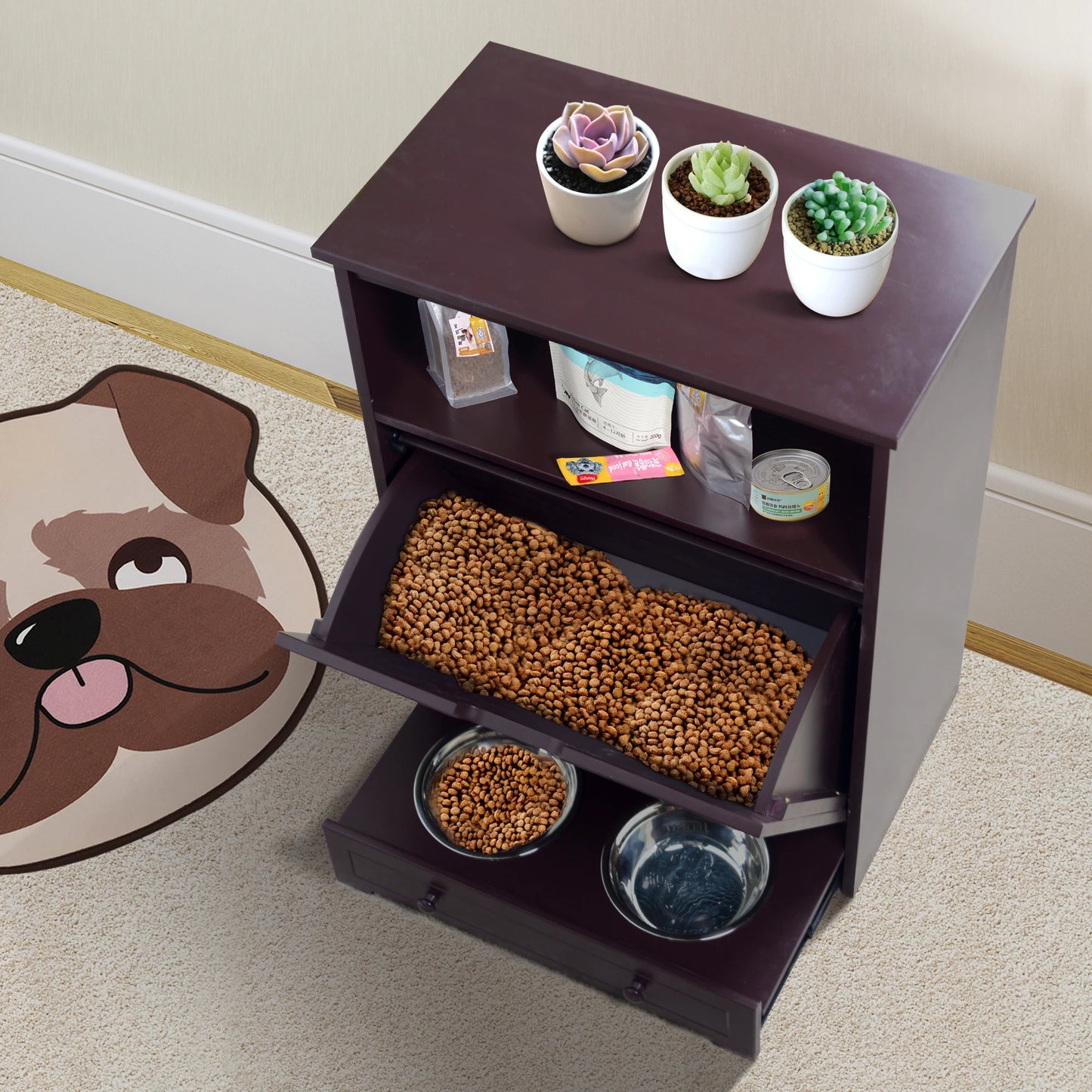 Pet Feeder Station with Storage Cabinet – Waterproof MDF Wood Dog & Cat Feeder with Stainless Steel Bowls