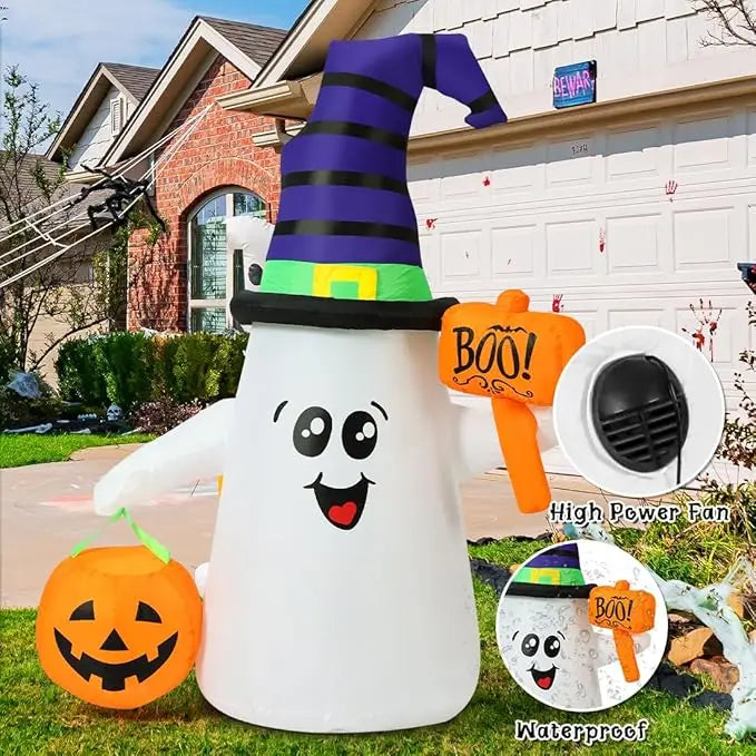 GOOSH 5FT Halloween Inflatable Ghost – Outdoor Blow Up Yard Decoration with Pumpkin, Cute Wizard Design, and Built-In LED Lights