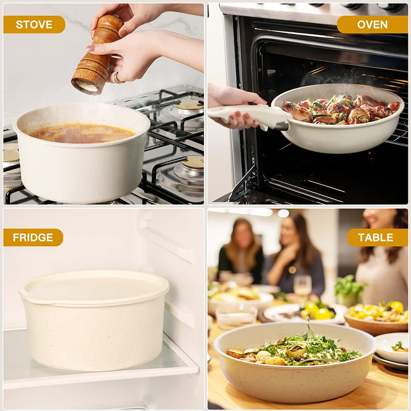 21-Piece Non-Stick Ceramic Cookware Set – Astercook Milky White Pots & Pans with Sensor Handles | Complete Kitchen Cookware Collection