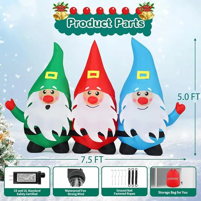 GOOSH 7.5FT Christmas Inflatable Gnomes Outdoor Decoration with Built-in LED Lights