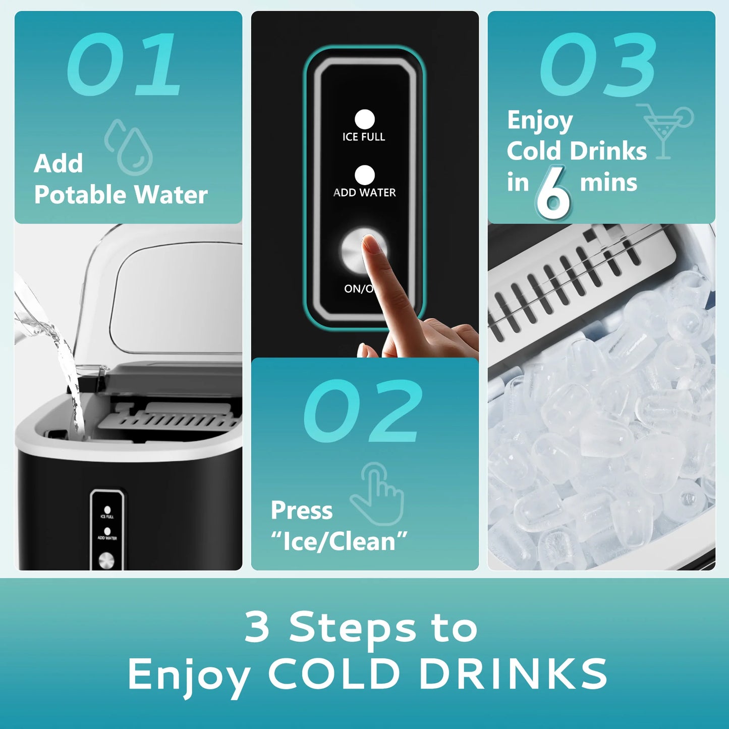 ICYGLEE Portable Ice Maker Machine – 9 Ice Cubes in 6 Minutes, 26.5 lbs/Day, Auto-Cleaning Countertop Ice Machine for Home, Kitchen, Camping & Parties