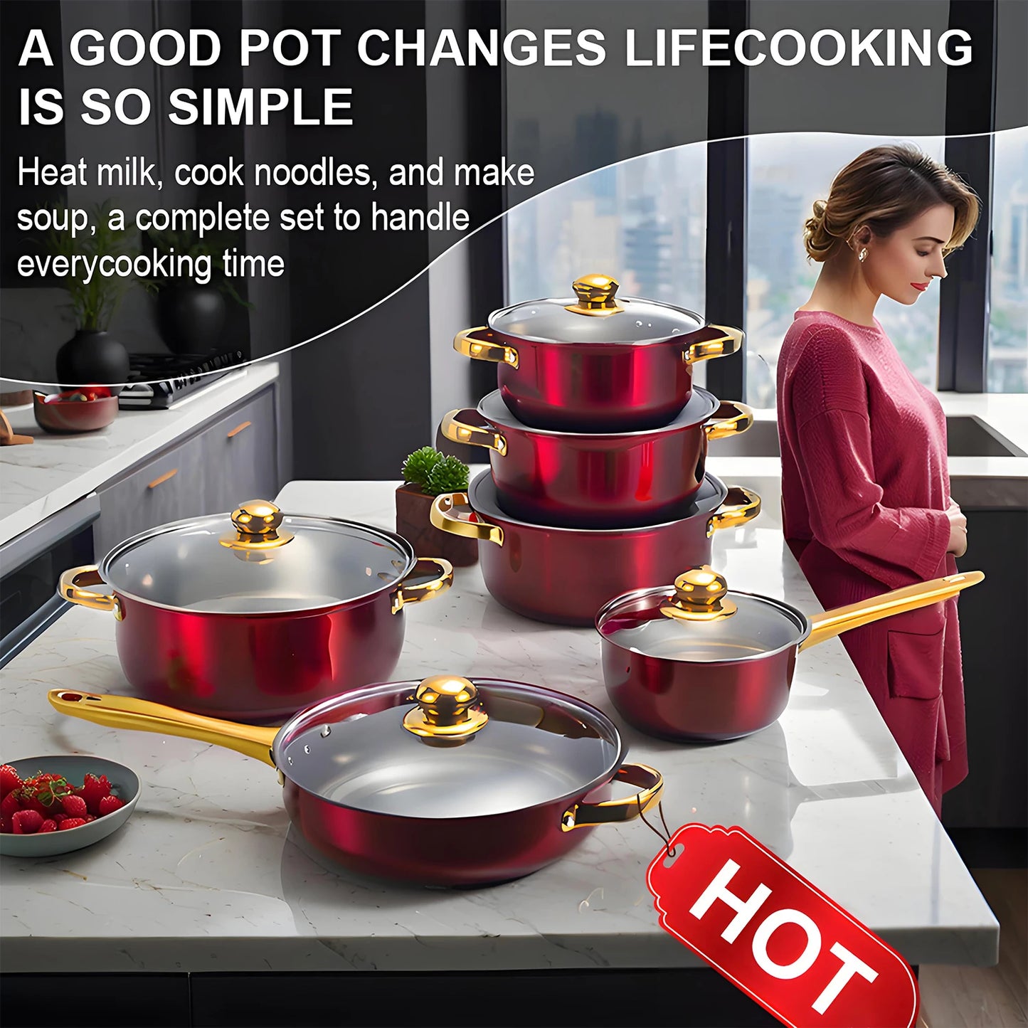 12-Piece Red Stainless Steel Cookware Set – Non-Stick Pots & Pans Collection | Complete Kitchen Cookware Solution