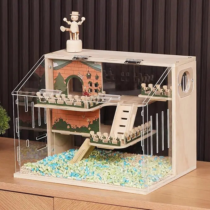11-in-1 Wooden Hamster Cage with Accessories – 3-Layer 15.8" Acrylic Habitat for Small Pets – Pastoral Style Enclosure with Stairs, Fences, Swing & More