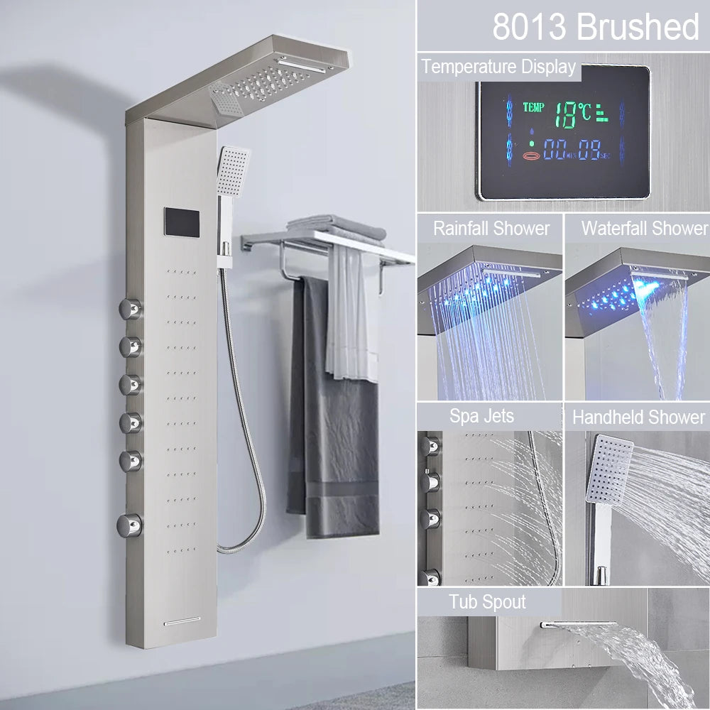 LED Shower Panel Tower System with Waterfall & Rainfall – Digital Display SPA Shower Faucet Set with Massage Jets & Mixer Tap