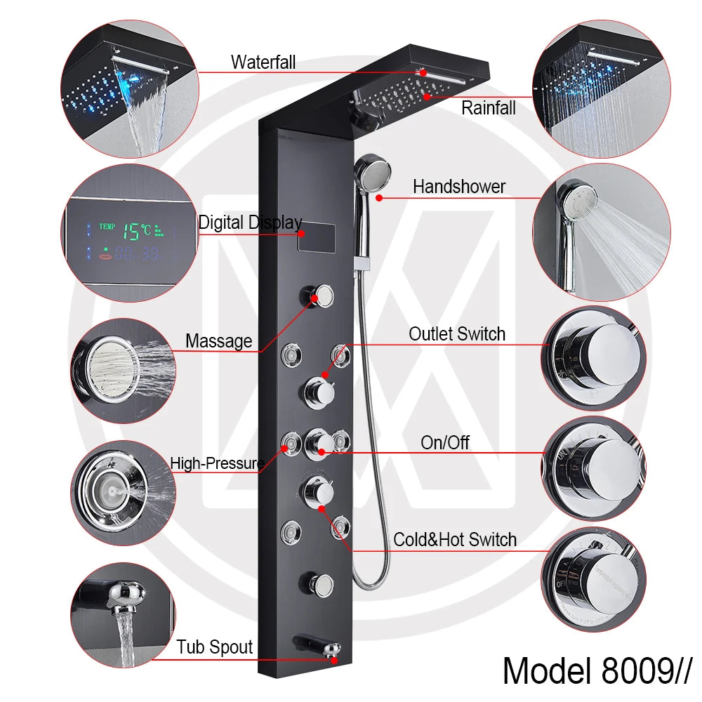 LED Shower Panel Tower System with Waterfall & Rainfall – Digital Display SPA Shower Faucet Set with Massage Jets & Mixer Tap