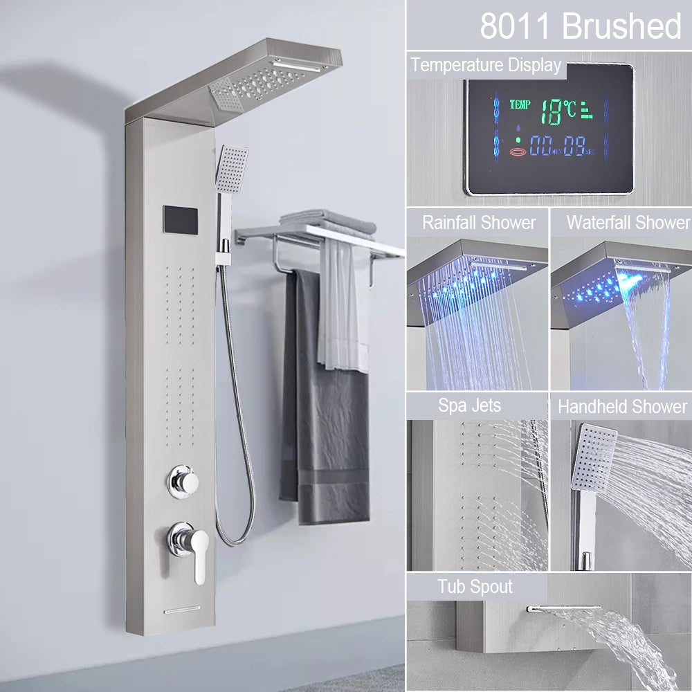 LED Shower Panel Tower System with Waterfall & Rainfall – Digital Display SPA Shower Faucet Set with Massage Jets & Mixer Tap
