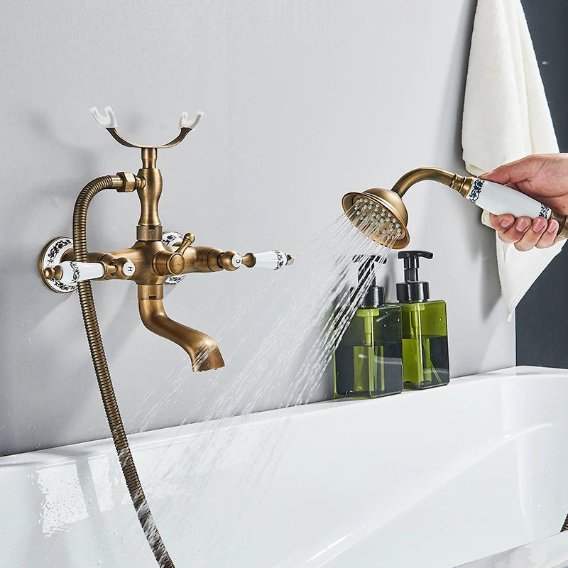 Antique Brass Bathtub Shower Faucet Set – Dual Handle Wall-Mounted Tub Filler with Swivel Spout & Handheld Shower