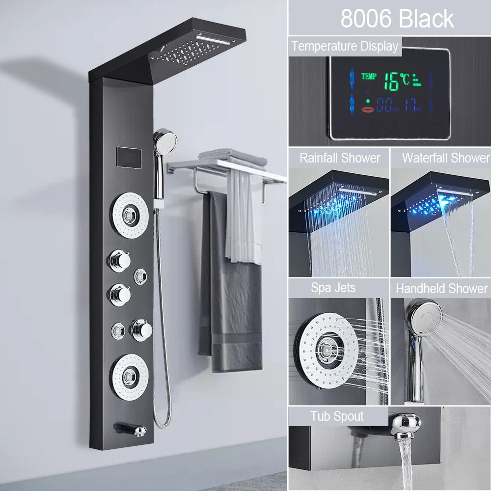 LED Shower Panel Tower System with Waterfall & Rainfall – Digital Display SPA Shower Faucet Set with Massage Jets & Mixer Tap