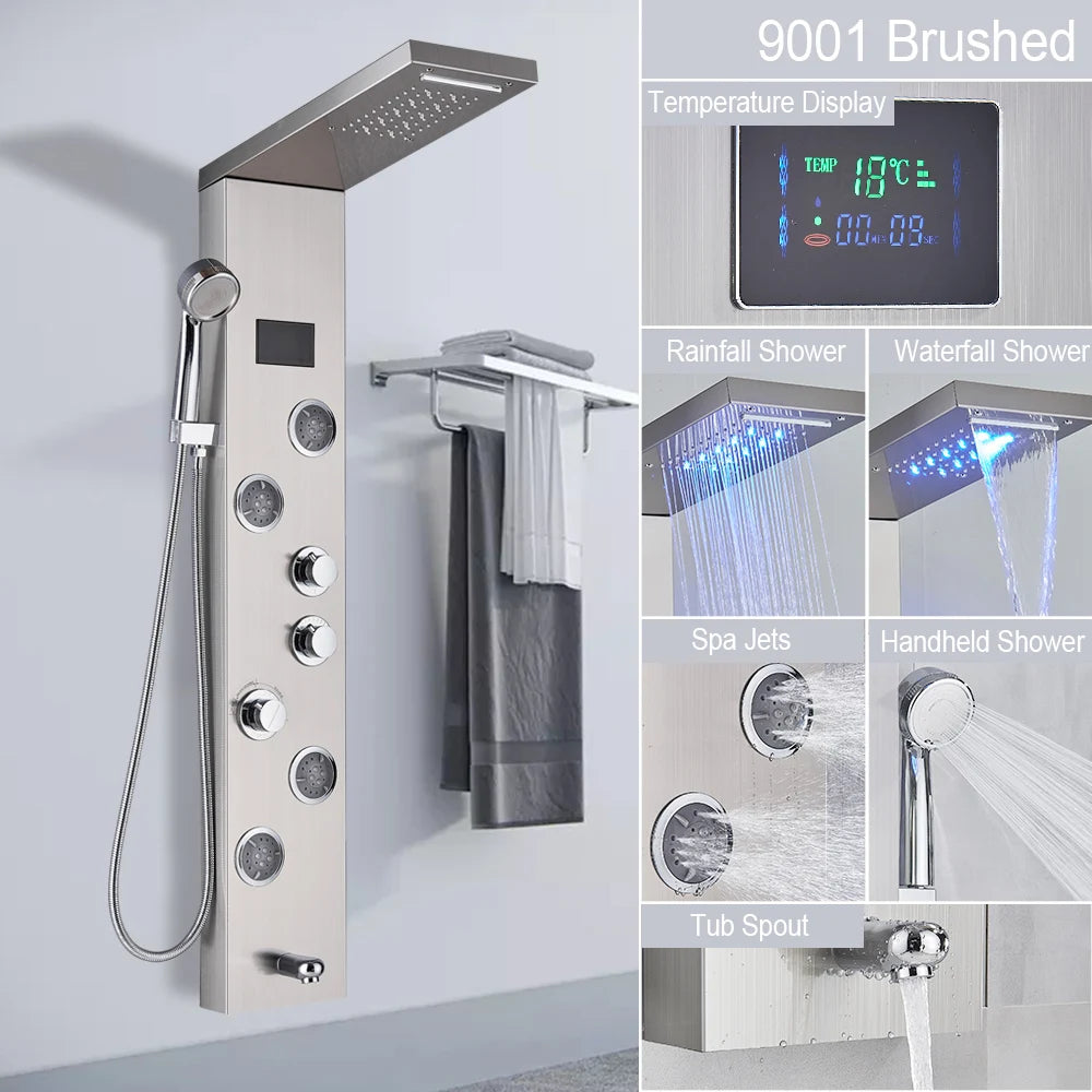 LED Shower Panel Tower System with Waterfall & Rainfall – Digital Display SPA Shower Faucet Set with Massage Jets & Mixer Tap