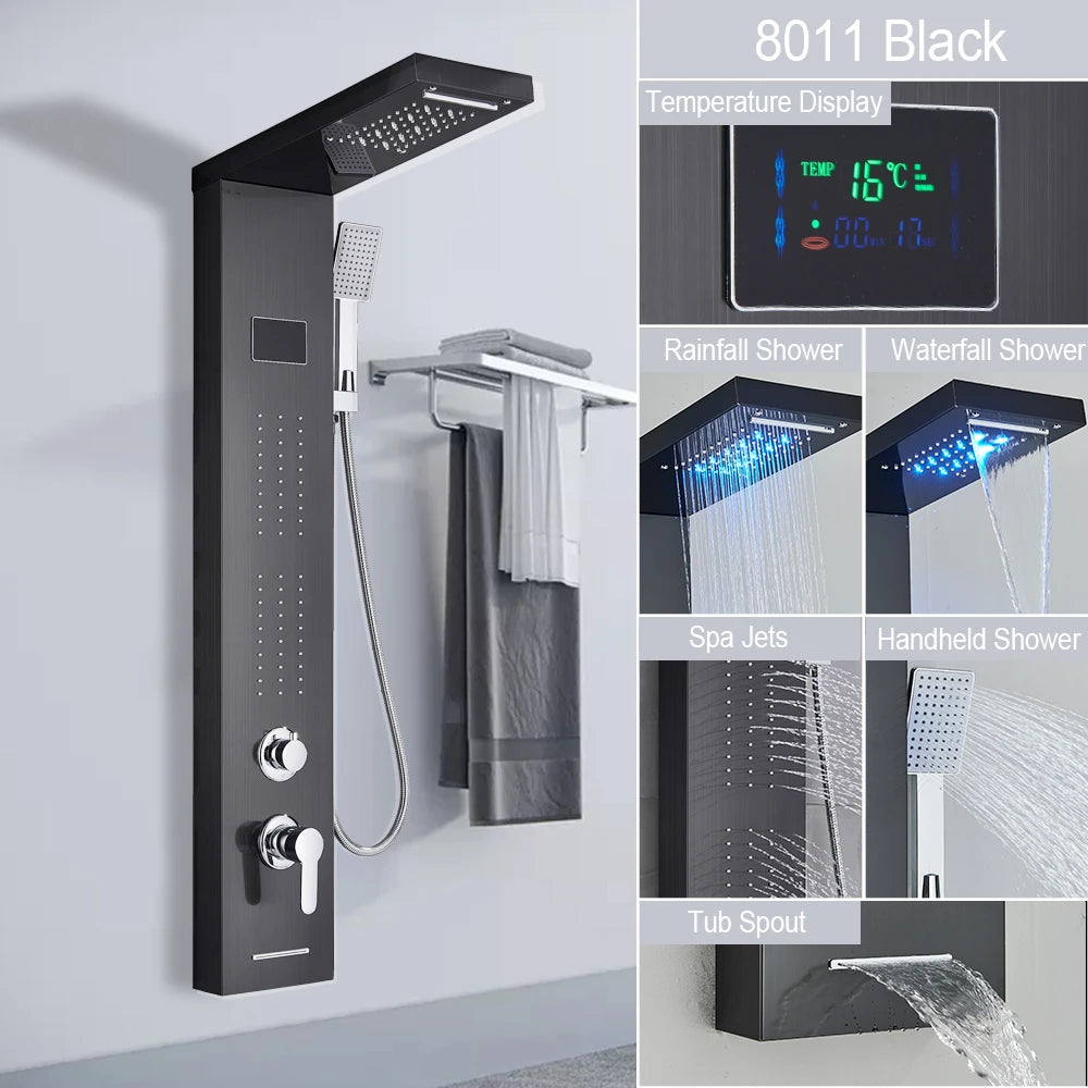 LED Shower Panel Tower System with Waterfall & Rainfall – Digital Display SPA Shower Faucet Set with Massage Jets & Mixer Tap