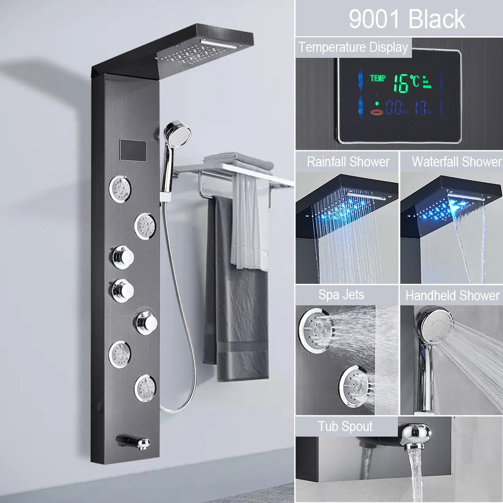 LED Shower Panel Tower System with Waterfall & Rainfall – Digital Display SPA Shower Faucet Set with Massage Jets & Mixer Tap