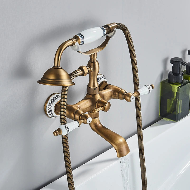 Antique Brass Bathtub Shower Faucet Set – Dual Handle Wall-Mounted Tub Filler with Swivel Spout & Handheld Shower