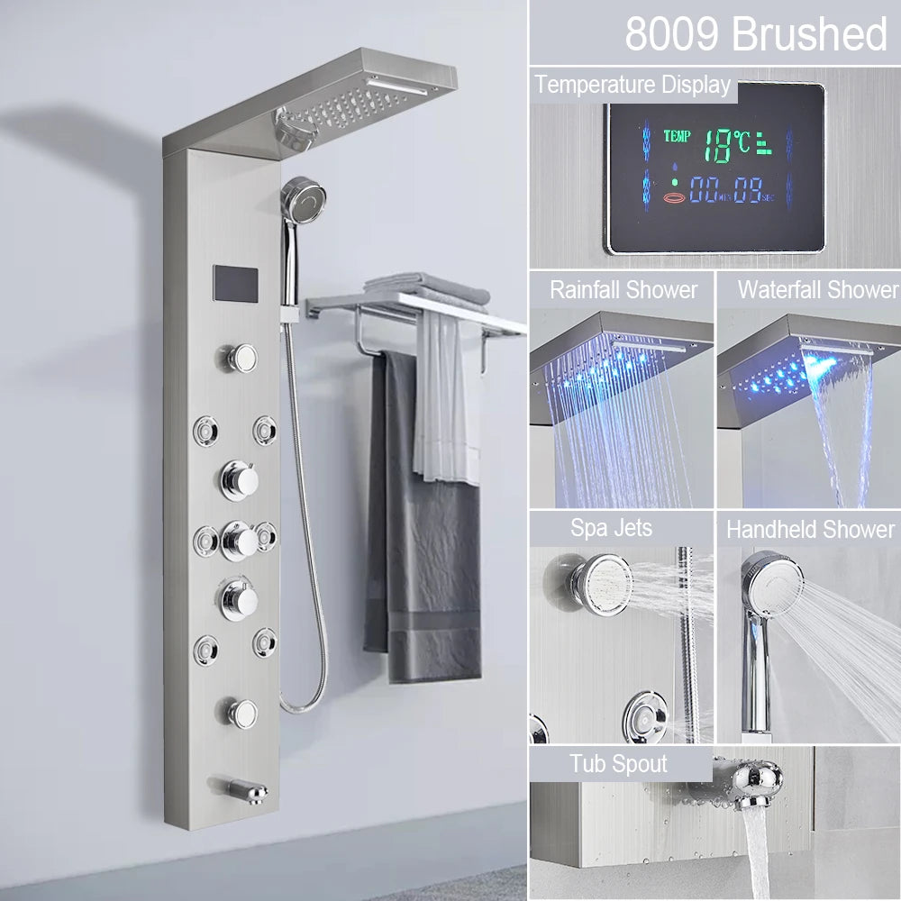 LED Shower Panel Tower System with Waterfall & Rainfall – Digital Display SPA Shower Faucet Set with Massage Jets & Mixer Tap