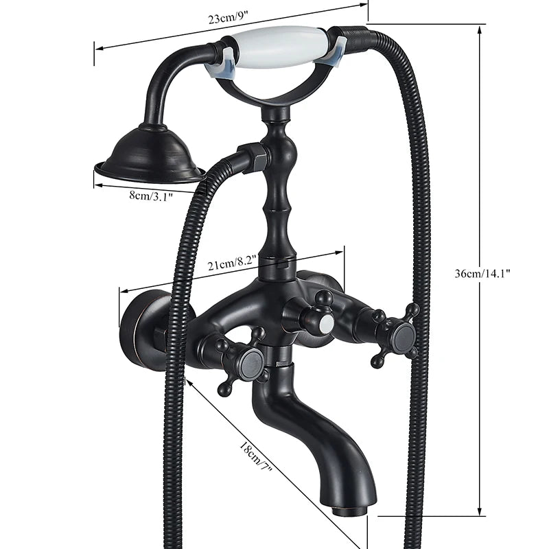 Antique Brass Bathtub Shower Faucet Set – Dual Handle Wall-Mounted Tub Filler with Swivel Spout & Handheld Shower