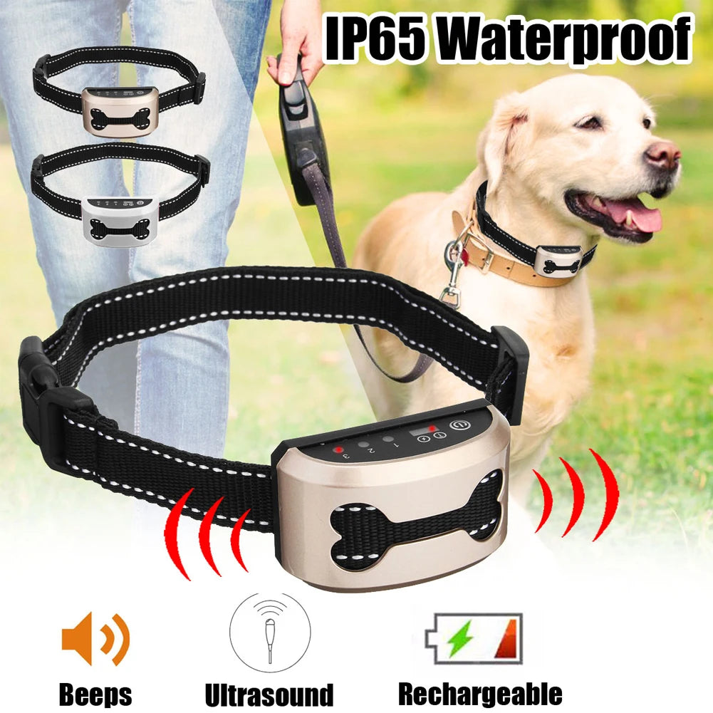 Rechargeable Waterproof Anti-Bark Collar for Dogs – Humane Ultrasonic & Shock Stop Device – USB Electric Safe Bark Control Guard