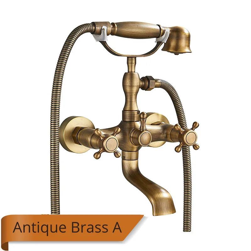 Antique Brass Bathtub Shower Faucet Set – Dual Handle Wall-Mounted Tub Filler with Swivel Spout & Handheld Shower