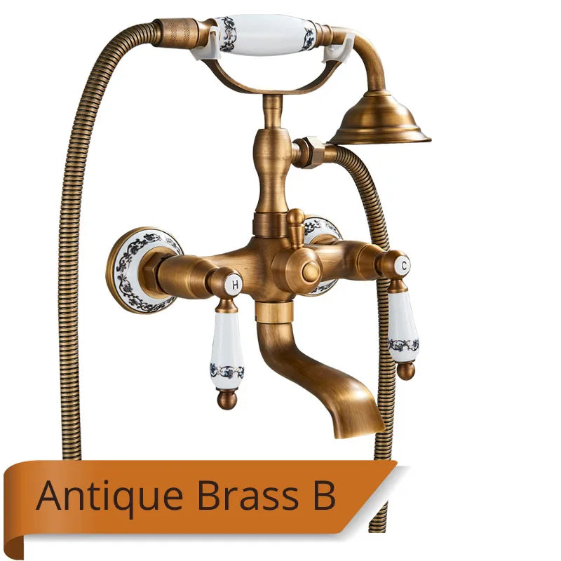 Antique Brass Bathtub Shower Faucet Set – Dual Handle Wall-Mounted Tub Filler with Swivel Spout & Handheld Shower