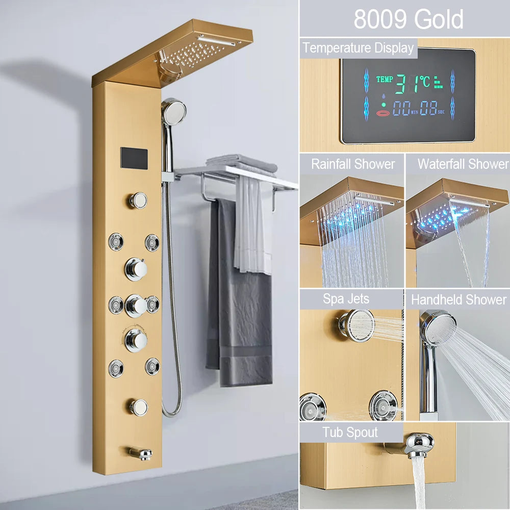 LED Shower Panel Tower System with Waterfall & Rainfall – Digital Display SPA Shower Faucet Set with Massage Jets & Mixer Tap
