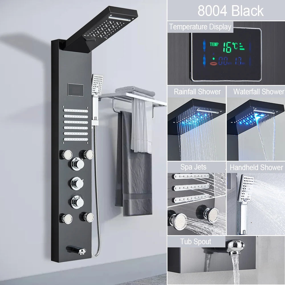 LED Shower Panel Tower System with Waterfall & Rainfall – Digital Display SPA Shower Faucet Set with Massage Jets & Mixer Tap