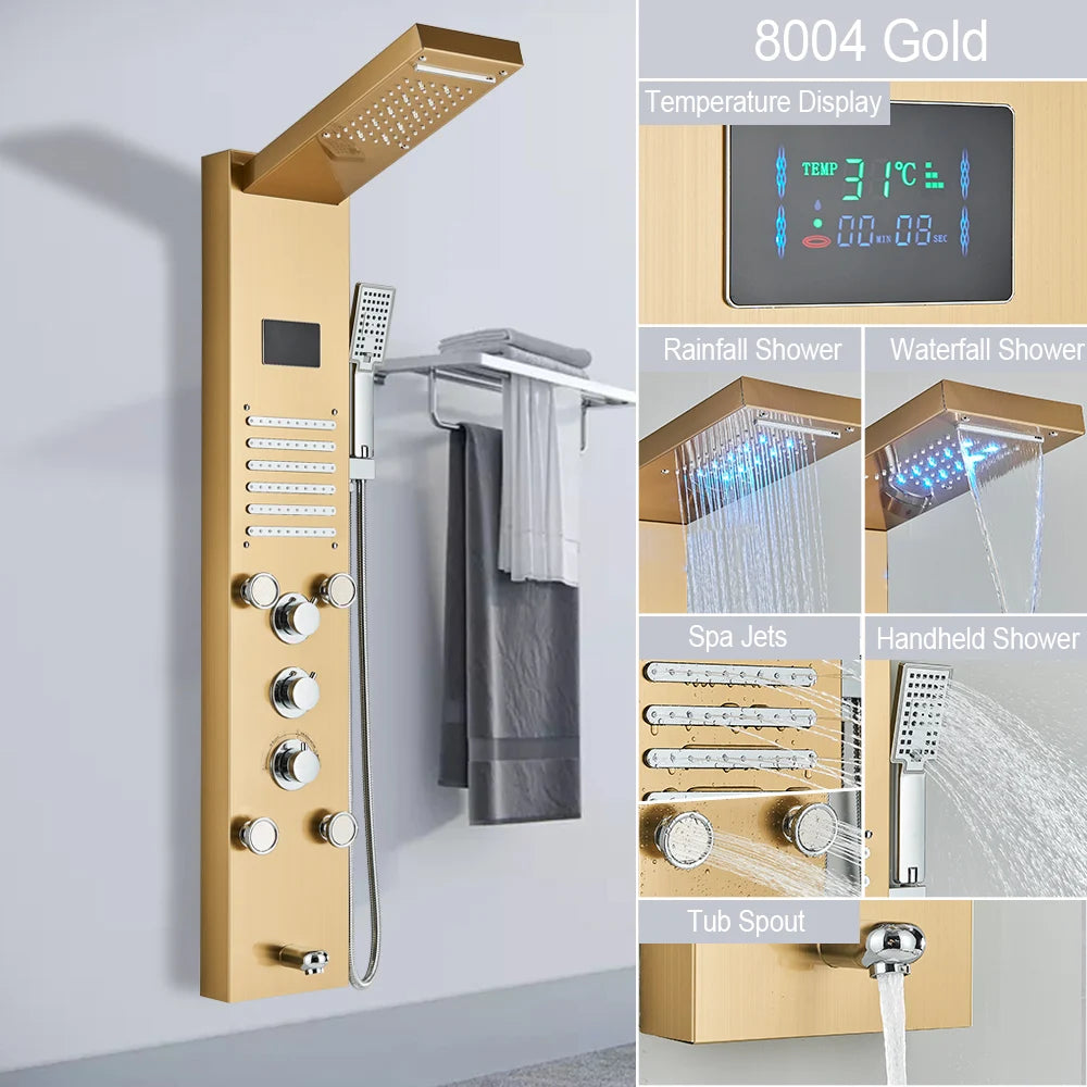 LED Shower Panel Tower System with Waterfall & Rainfall – Digital Display SPA Shower Faucet Set with Massage Jets & Mixer Tap