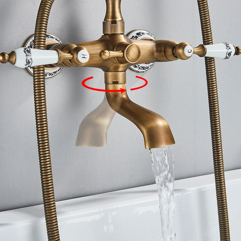 Antique Brass Bathtub Shower Faucet Set – Dual Handle Wall-Mounted Tub Filler with Swivel Spout & Handheld Shower