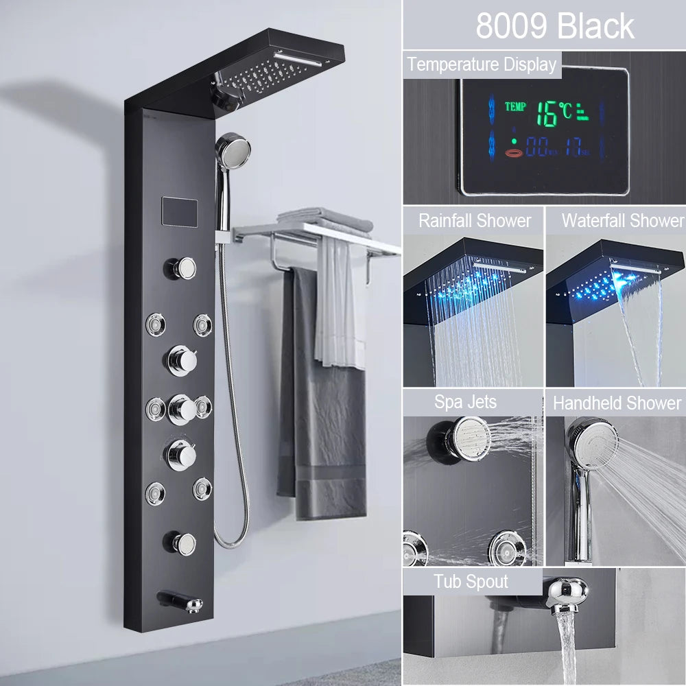 LED Shower Panel Tower System with Waterfall & Rainfall – Digital Display SPA Shower Faucet Set with Massage Jets & Mixer Tap
