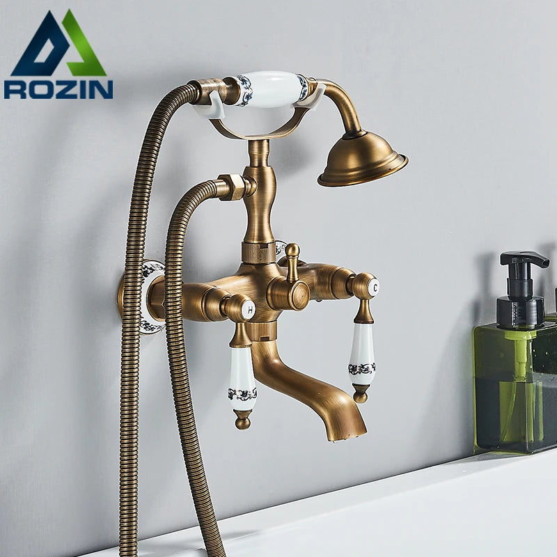 Antique Brass Bathtub Shower Faucet Set – Dual Handle Wall-Mounted Tub Filler with Swivel Spout & Handheld Shower