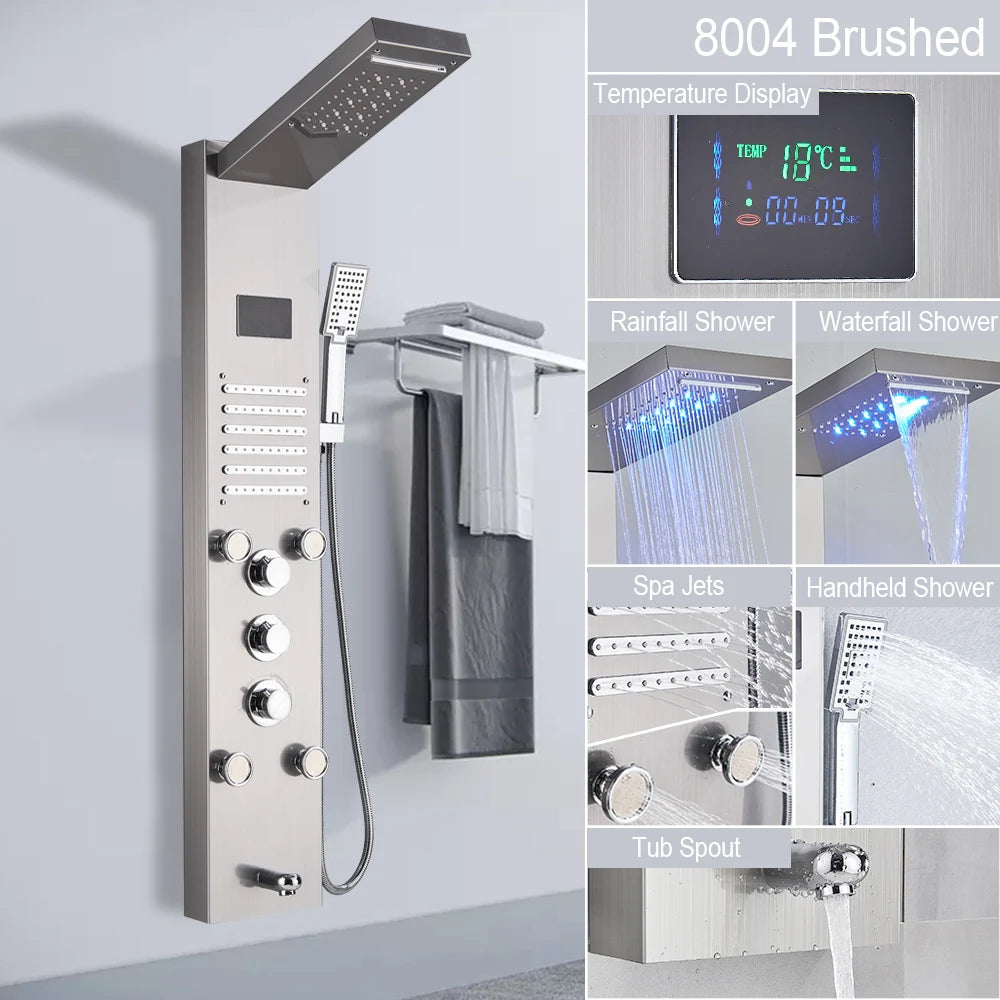 LED Shower Panel Tower System with Waterfall & Rainfall – Digital Display SPA Shower Faucet Set with Massage Jets & Mixer Tap