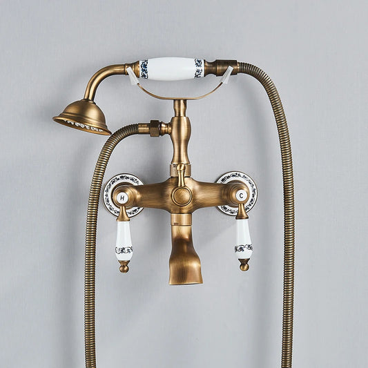 Antique Brass Bathtub Shower Faucet Set – Dual Handle Wall-Mounted Tub Filler with Swivel Spout & Handheld Shower