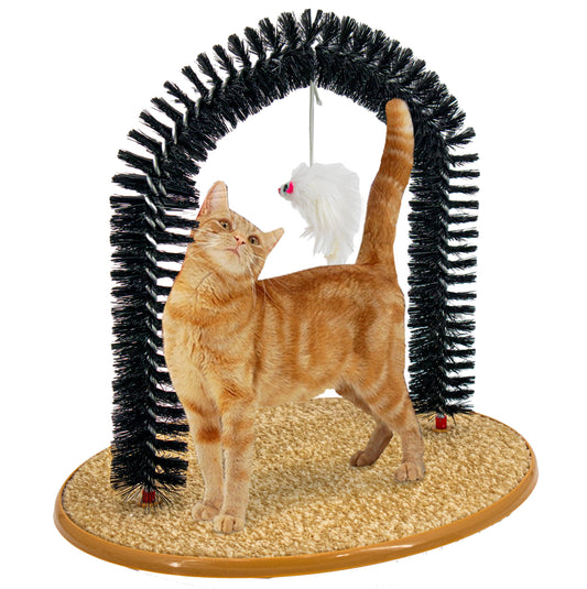 Cat Self-Grooming Arch Toy & Post – Interactive Scratcher with Bristles, Catnip, and Mouse Toy