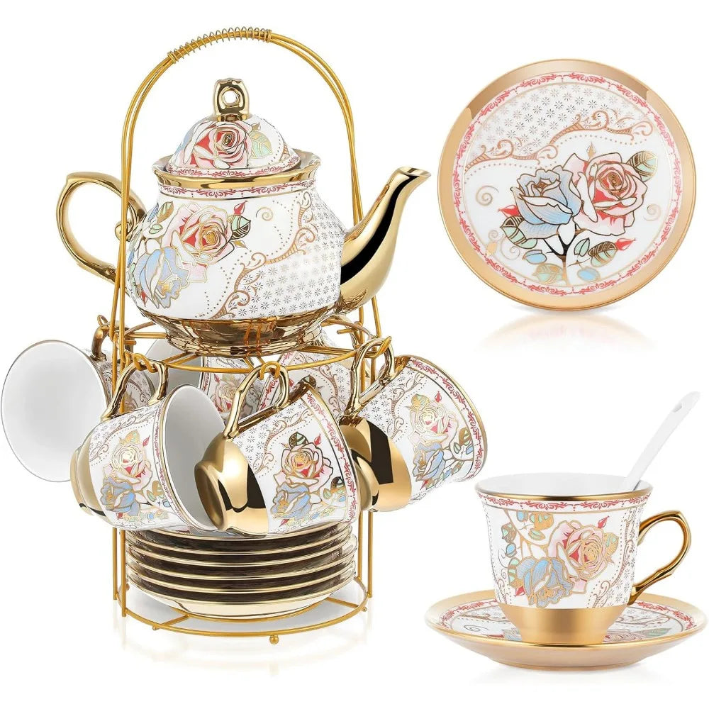 Elegant Ceramic Tea Party Set for Adults – European Floral Teapot, Teacup, Saucer & Spoon Set – Large Fresh Style