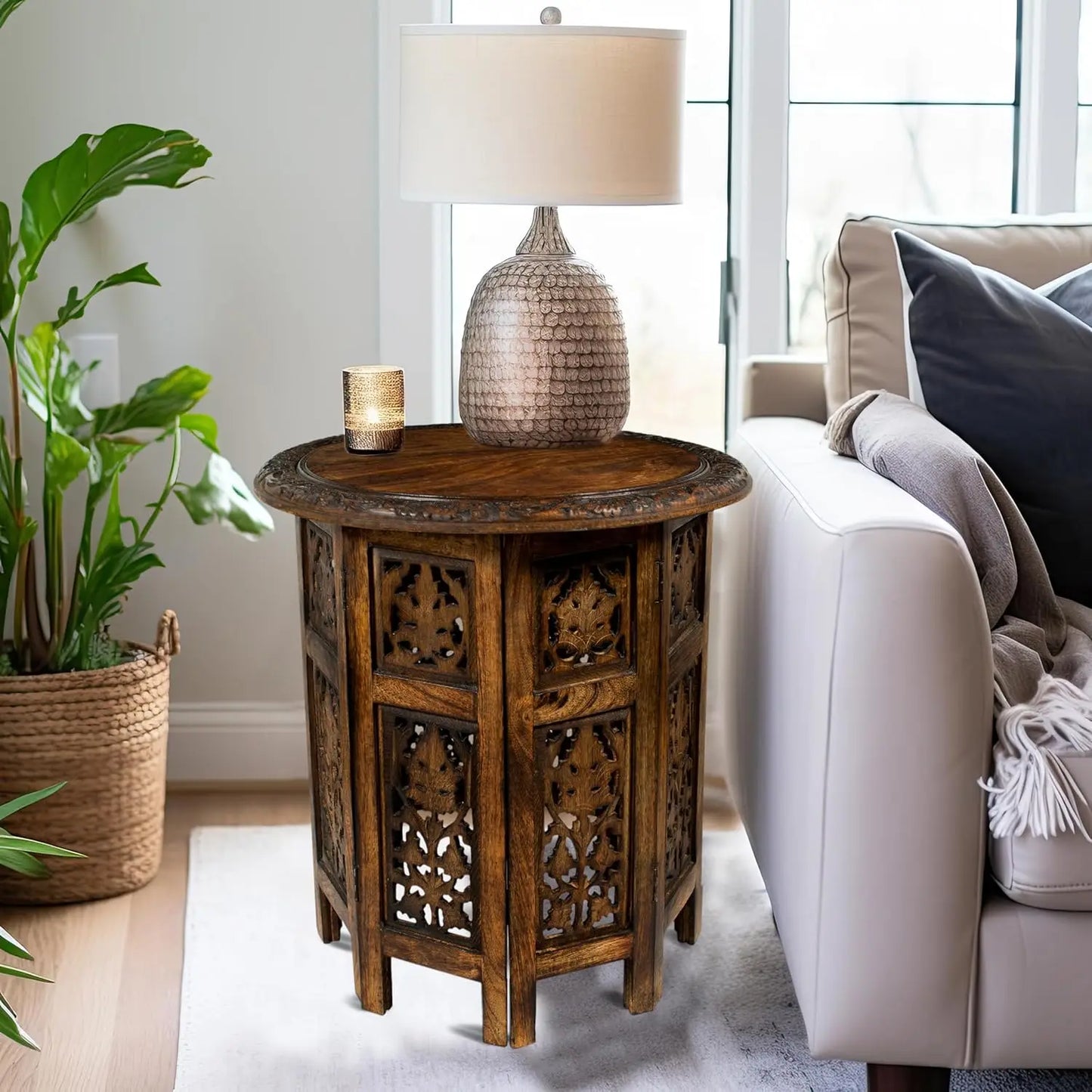 Hand Carved Vintage Solid Wood Accent End Table