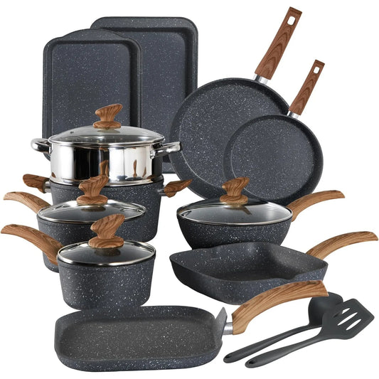 17-Piece Granite Induction Cookware Set – Nonstick Pots and Pans Set with Cooking Utensils, Durable Non-Toxic Kitchen Cookware for All Stovetops
